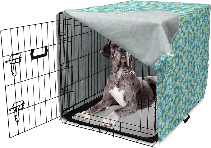 Lunarable Yellow and Blue Dog Crate Cover, Meadow Art Pattern with Ladybirds and Chamomile Daisy Blossoms, Easy to Use Pet Kennel Cover for Medium Large Dogs, 48 Inch, Aqua White Marigold