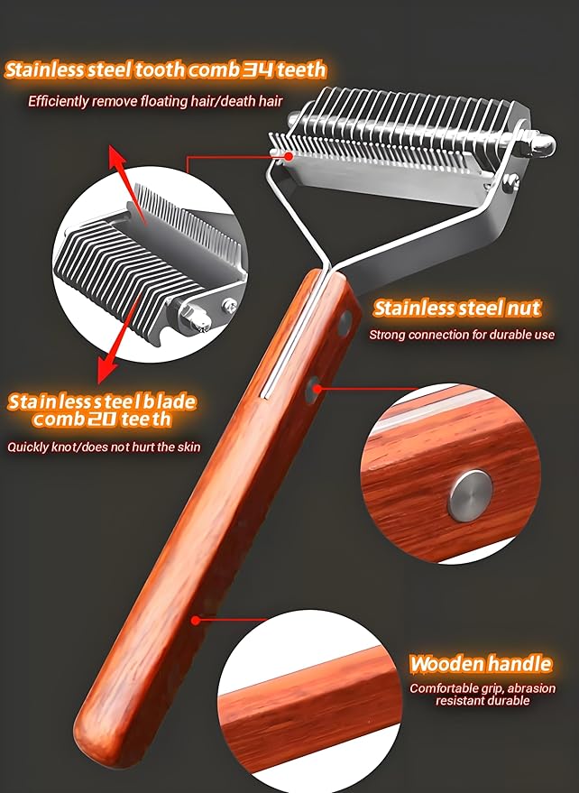 Pet Dematting Comb – 20-Tooth Stainless Steel Grooming Rake for Dogs & Cats, Effective for Medium to Long-Haired Breeds, Tangle & Shedding Control, Anti-Slip Wooden Handle