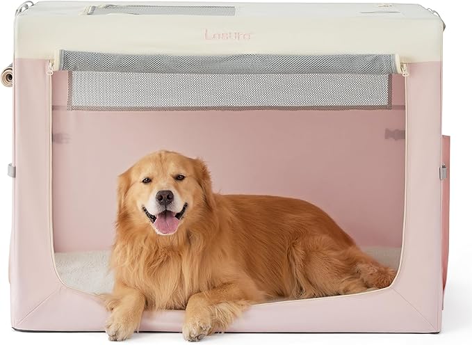 Lesure Collapsible Travel Dog Crate for Small Dogs, Portable Soft Dog Crate for Outdoor & Indoor, Folding Fabric Dog Kennel with Handle, 42 Inch Heavy Duty Pet Carrier (Pink)