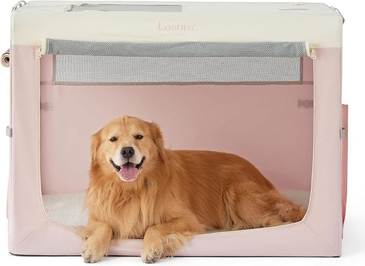 Lesure Collapsible Travel Dog Crate for Small Dogs, Portable Soft Dog Crate for Outdoor & Indoor, Folding Fabric Dog Kennel with Handle, 42 Inch Heavy Duty Pet Carrier (Pink)