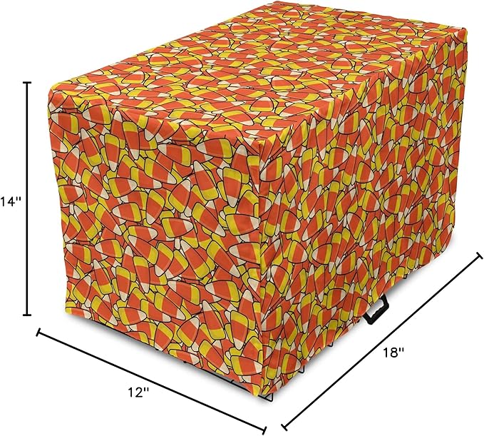 Lunarable Candy Corn Dog Crate Cover, Continuous Illustration of Cartoon Style Traditional Halloween Items, Easy to Use Pet Kennel Cover for Small Dogs Puppies Kittens, 18 Inch, Vermilion Mustard