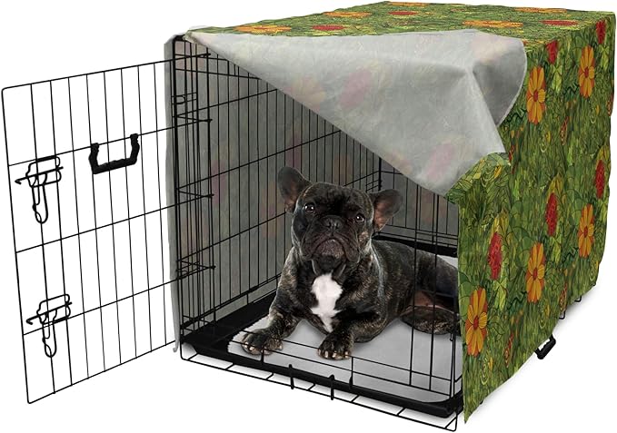 Ambesonne Floral Dog Crate Cover, Funky Flower Foliage Bush with Fractal Retro Jungle Art Design, Easy to Use Pet Kennel Cover for Cats & Medium Dogs, 24 Inch, Olive Green