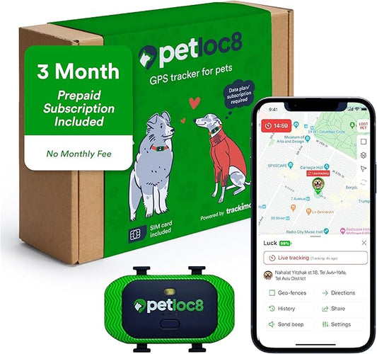GPS Pet Tracker for Dogs by Petloc8 - Dog Tracker Fits on Your Pets Collar, Waterproof, Smart App Controllable Geofencing and Pet Location History - 3 Months Prepaid Subscription Included