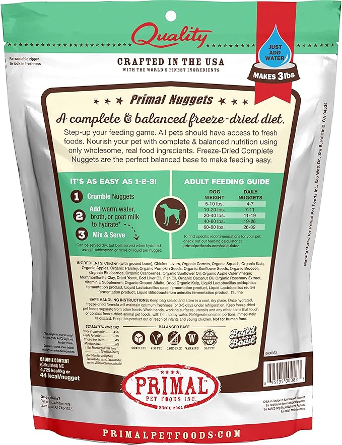 Primal Freeze Dried Dog Food Nuggets, Chicken, Complete & Balanced Meal, Also Use as Topper or Treat, Premium, Healthy, Grain Free, High Protein Raw Dog Food, 14 oz (Pack of 4)