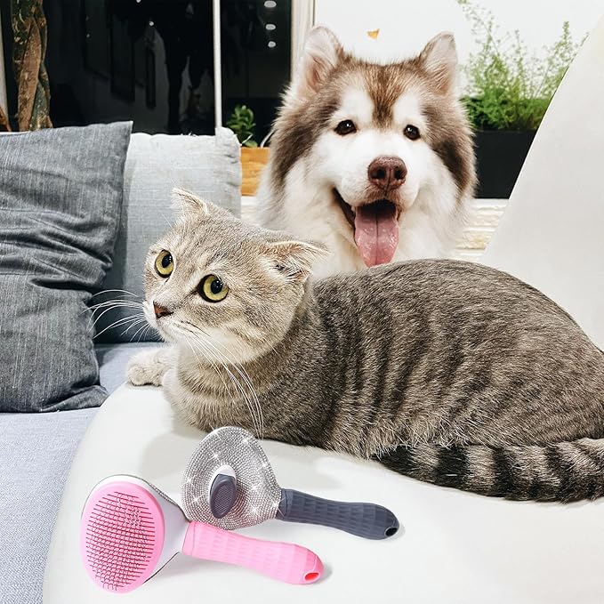 Full Diamonds Self Cleaning Slicker Brush for Dogs & Cats, Skin Friendly Grooming Cat Brush, Dog Brush for Shedding, Deshedding Brush, Rhinstone Hair Brush Puppy Brush for Haired Dogs,Pink