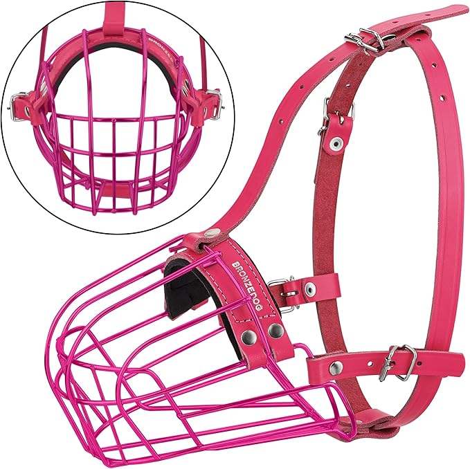 BRONZEDOG Pitbull Dog Muzzle Metal Mask Amstaff Wire Basket Pit Bull Adjustable Leather Straps for Large Dogs (Pink)