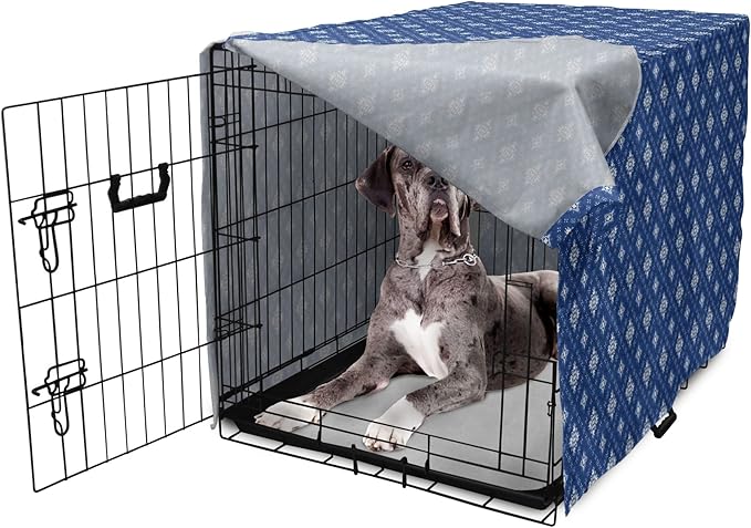 Lunarable Damask Blue Dog Crate Cover, Azulejo Talavera Inspired Continuous Pattern of Motif, Easy to Use Pet Kennel Cover for Medium Large Dogs, 48 Inch, Dark Sky Blue Pale Blue