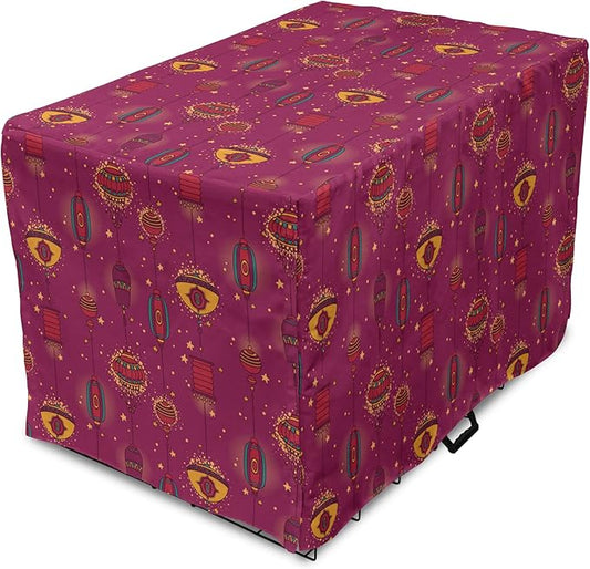 Lunarable Folkloric Dog Crate Cover, Cultural Inspirations Oriental Party Celebration Art Traditional Design, Easy to Use Pet Kennel Cover for Cats & Medium Dogs, 30 Inch, Magenta and Yellow