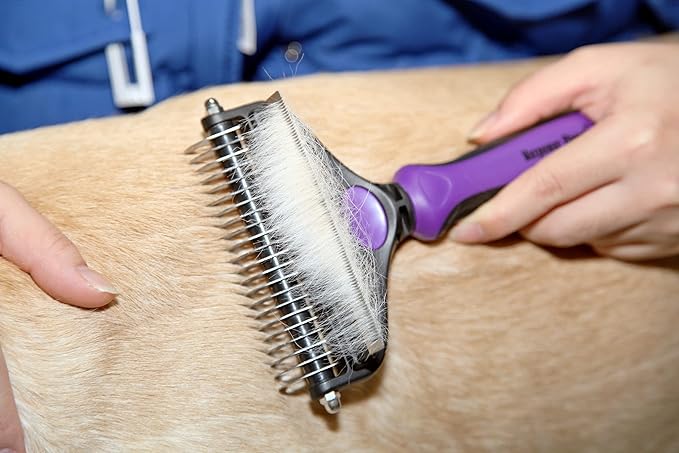 Maxpower Planet Pet Deshedding & Grooming Brush - Double Sided Design for Dogs & Cats - Undercoat Rake Effectively Reduces Shedding by Up to 95% - Large Size - Purple