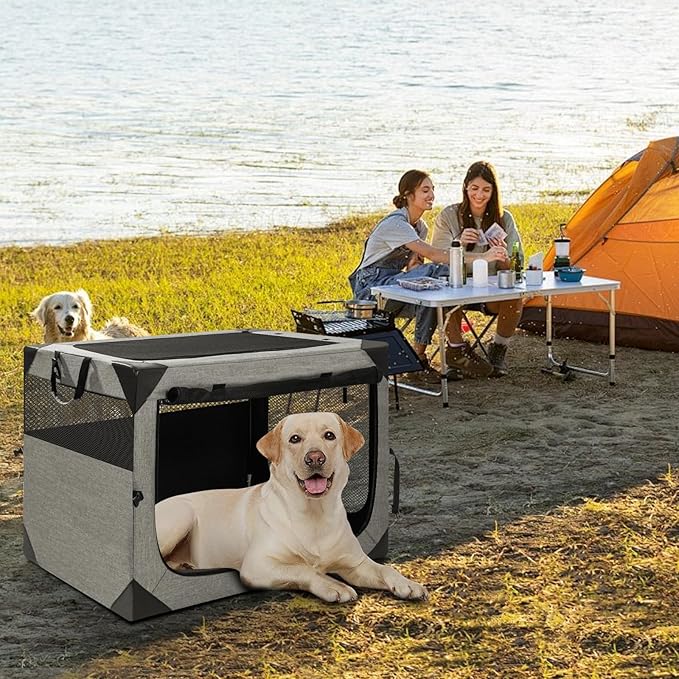 36 Inch Portable Travel Dog Crate, 3 Door Collapsible Soft Pet Kennel with Durable Mesh Windows for Medium Dogs, Foldable Dog Cage with Storage Pocket for Outdoor (Light Grey)