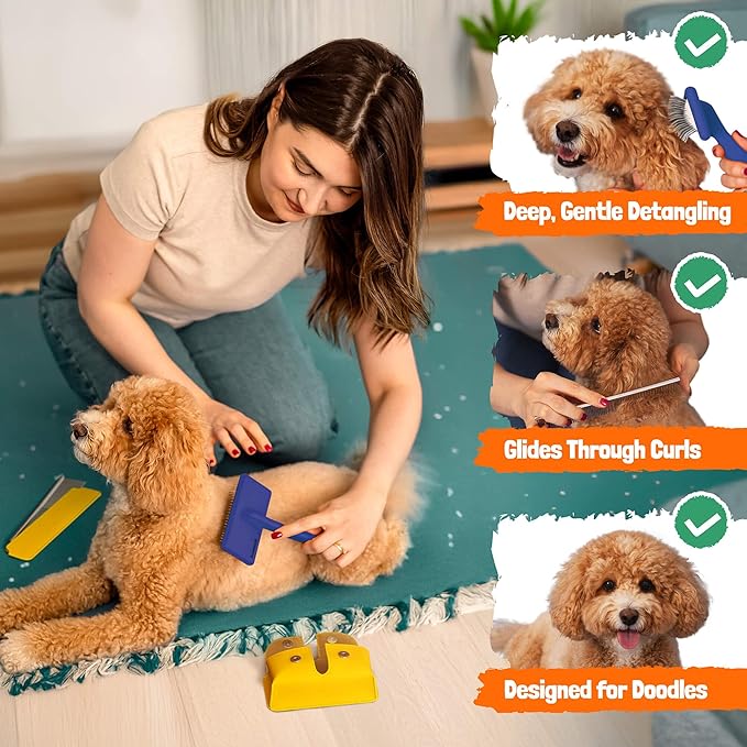 Slicker Brush for Dogs - Doodle Brush - Goldendoodles Labradoodles Bernedoodles - Goldendoodle Must Haves - Poodle Comb and Cases Included - Medium - Blue