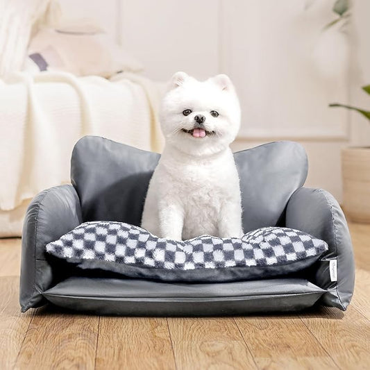 BurgeonNest Cat Couch Bed & Dog Sofa Bed for Small Dogs & Cats up to 15lbs, Double Layer Cushion Extra Comfort, Leather & Plush Material Scatch-Resistant, Waterproof, Grey