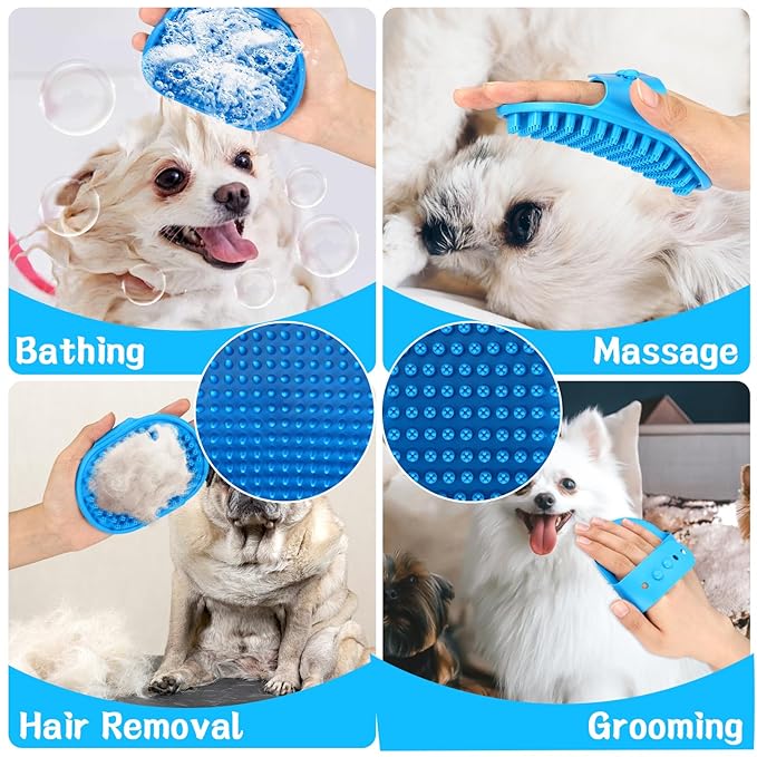 VIWIK 3PCS Dog Grooming Brush Set (Blue) - Scrubber with Adjustable Ring Handle for Bathing and Massaging Long/Short Haired Dogs and Cats, Christmas Gifts