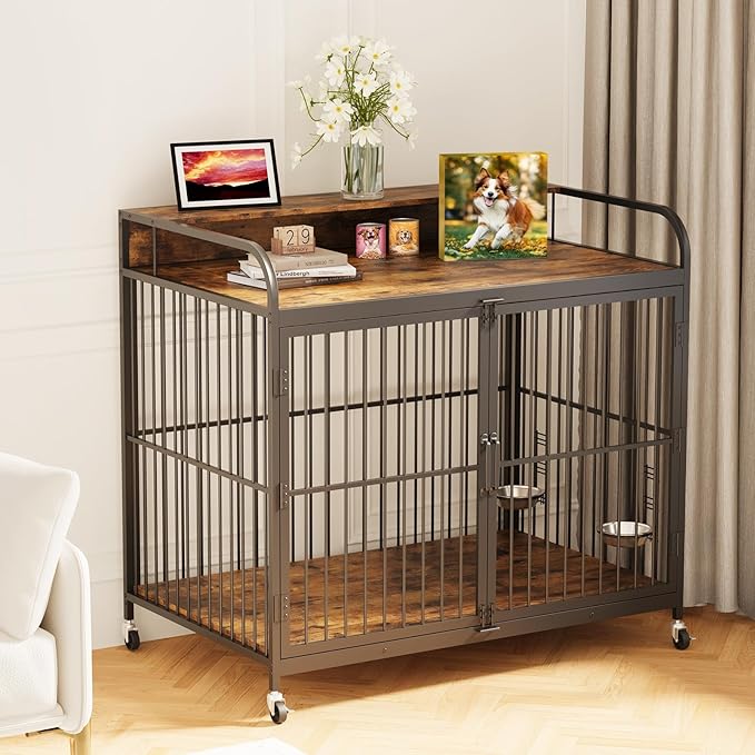 48 Inch Dog Crate Furniture, Dog Crate with Adjustable Height Feeder, Designed for Small Dogs, Featuring 360-Degree Swivel Wheels for Easy Movement, Rustic Brown Finish