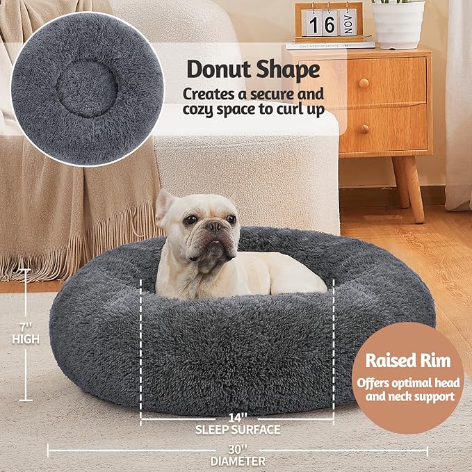 OhGeni Calming Donut Dog & Cat Bed Pillow, Machine Washable Plush Waterproof Zipper Cover, Anti-Slip Round Comfort Bed, Pillow Design Cozy Warming Fluffy Fur Bed for Medium Dogs, Gray, 30 inches