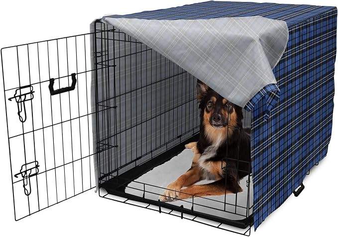 Lunarable Plaid Dog Crate Cover, Classical Old Fashioned Abstract Pattern Design Scottish Country Style, Easy to Use Pet Kennel Cover for Medium Large Dogs, 36 Inch, Violet Blue Black White