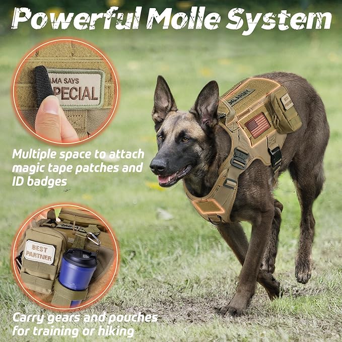 rabbitgoo Tactical Dog Harness for Large Dogs, Heavy Duty Dog Harness with Handle, No-Pull Service Dog Vest Large Breed, Adjustable Military Dog Vest Harness for Training Hunting Walking, Brown, S
