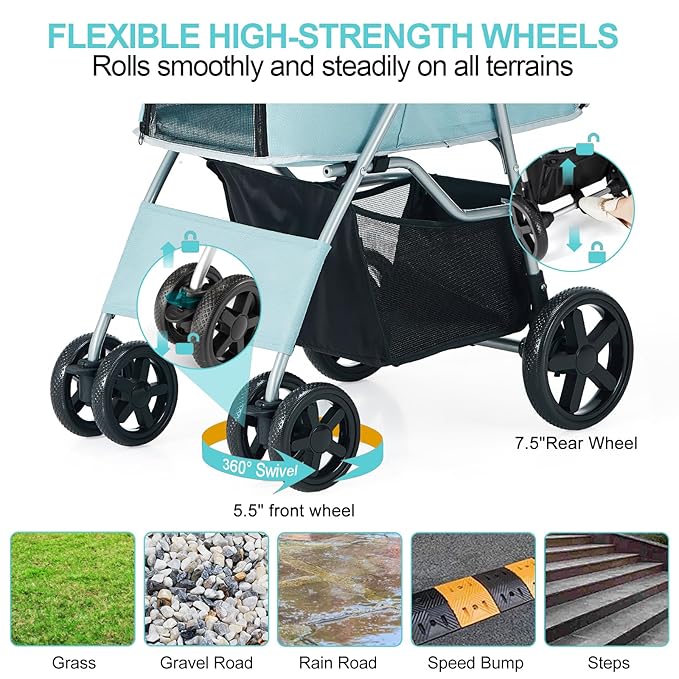 Pet Stroller for Medium Small Dogs and Cats, Folding Puppy Stroller Dog Cat Cage Jogger Stroller with Cup Holder and Storage Basket, 4 Wheels, Light Blue