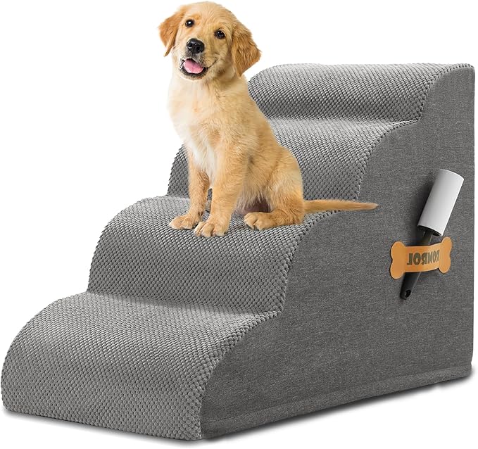 Dog Stairs, Romrol Dog Steps Ramp for High Bed and Couch, Dog Ramp with Durable Non-Slip Waterproof Fabric Cover, Pet Stairs for Small Dogs and Cats or Pets Joints, 4-Tiers,Grey