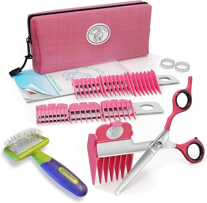 SCAREDY CUT Silent Clipper + Slicker Brush Pet Grooming Kit, Blue, Right-Handed 17pc RH + Slicker Brush, Pink