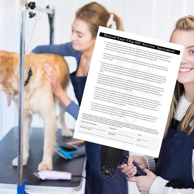 Pet Grooming Intake Forms, Consent & Release, Matted Coat Clip-Off Agreement, Pet Report Card | 50 pk, 25 of each, dbl sided | 8.5x11” Groomer Signature Client Grooming Tips Black and White Minimalist
