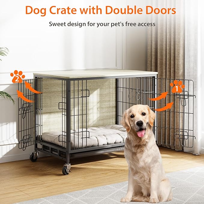 Small Dog Crate Furniture, 27.2"L x 20.1"W x 23.6"H,Indoor Pet Crate with Double Doors, Removable Tray and 360° Wheels, Wooden Countertop Dog Kennel,Gray&Black