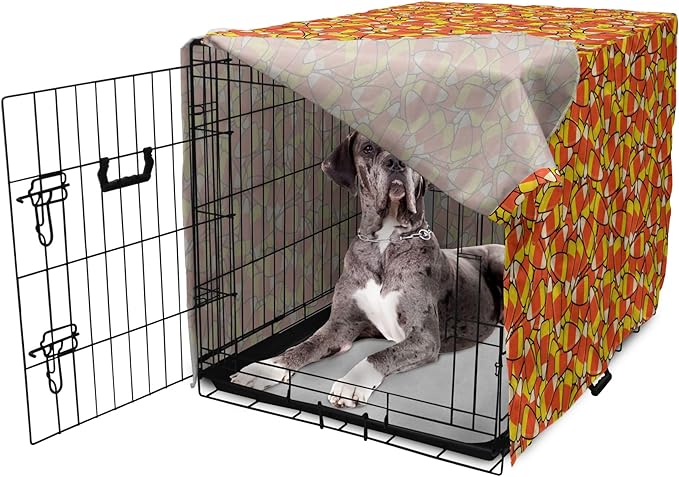 Lunarable Candy Corn Dog Crate Cover, Continuous Illustration of Cartoon Style Traditional Halloween Items, Easy to Use Pet Kennel Cover for Medium Large Dogs, 48 Inch, Vermilion Mustard
