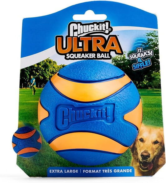 Chuckit Ultra Squeaker Dog Ball - Extra Large Bouncy and Squeaky Pet Toy for Dogs 100+ lbs - Floats on Water - Durable Rubber - Size XL - 3.5" Diameter - Pack of 1