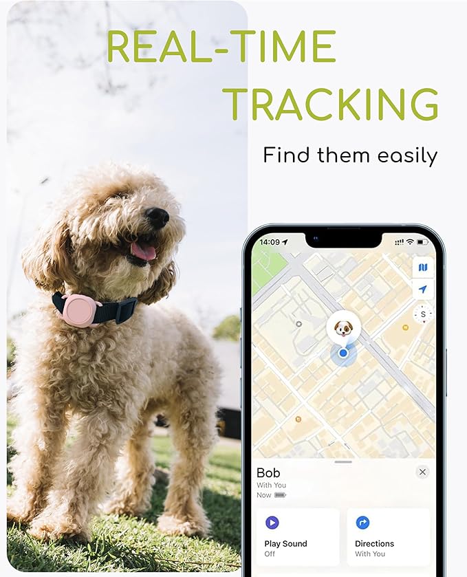 Dog Tracker, Smart Dog Collar with Real-time Pet Location, Cat Tracker Collar (iOS Only), No Monthly Fee & Long Battery Life, Works with Find My, Ideal for Dog/Cat (Pink)