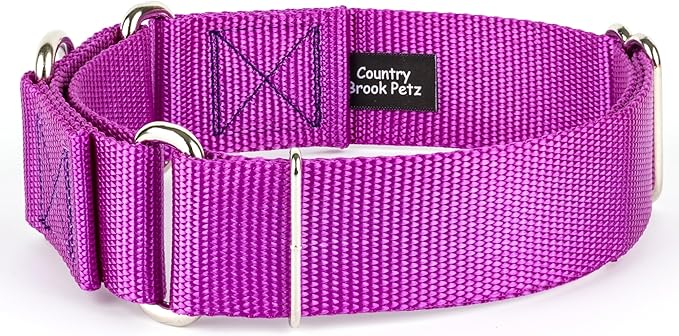 Country Brook Petz - Vibrant 18 Color Selection - 1 1/2 Inch Martingale Heavyduty Nylon Dog Collar (Large, Bright Purple)