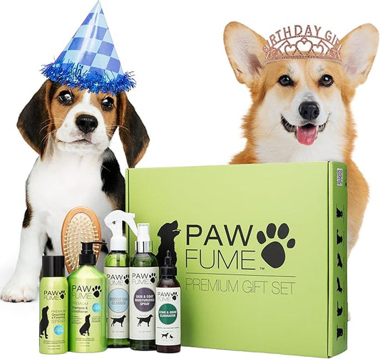 Pawfume Dog Gift Basket, 6-Piece Box – Give Your Pup a Spa-Quality Coat & Odor-Free Freshness – Probiotic Deodorizer Spray, Hypoallergenic Grooming Mist & Premium Brush – Dog Gift Boxes for All Breeds
