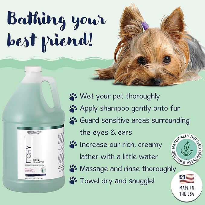Bobbi Panter Itchy Dog Shampoo for Soothing Skin Relief, Naturally Derived Ingredients, Tear-Free, Salt-Free, Paraben-Free, pH-Balanced, 20:1 Concentrated Formula, Green Apple Scent, 13 Oz.
