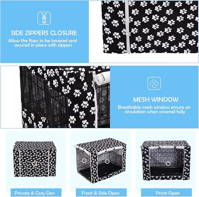 Dog Crate Cover Kennel Dogs Covers fits Small Medium Large crates cage Heavy Nylon Waterproof soundproof Indoor Outdoor - Cover only - Black paw - 36 inch