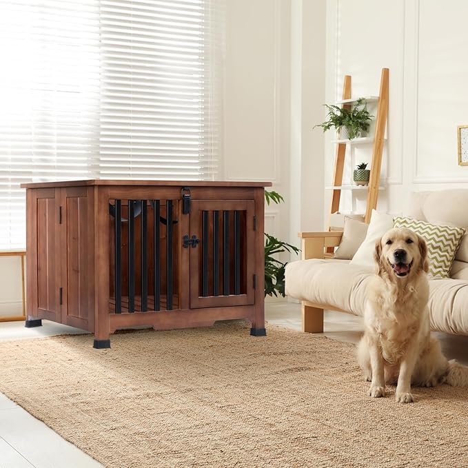 Wooden Dog Crate Furniture,Foldable and Portable Dog Kennel Furniture Indoor,Decorative Dog Crate End Table No Assembly.(Medium,Walnut)