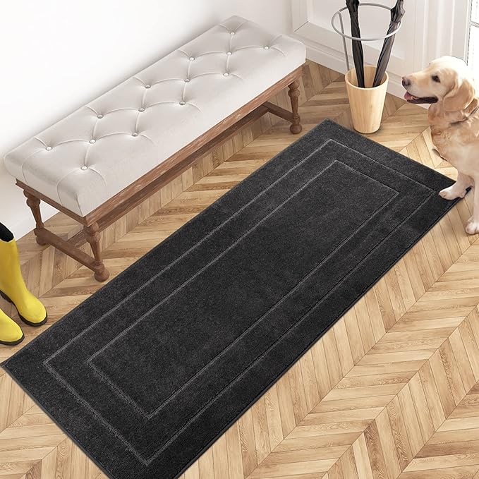 PURRUGS Dirt Trapper Door Mat 24" x 59.5", Non-Slip/Skid Machine Washable Entryway Rug, Dog Door Mat, Super Absorbent Welcome Mat for Muddy Wet Shoes and Paws, Charcoal