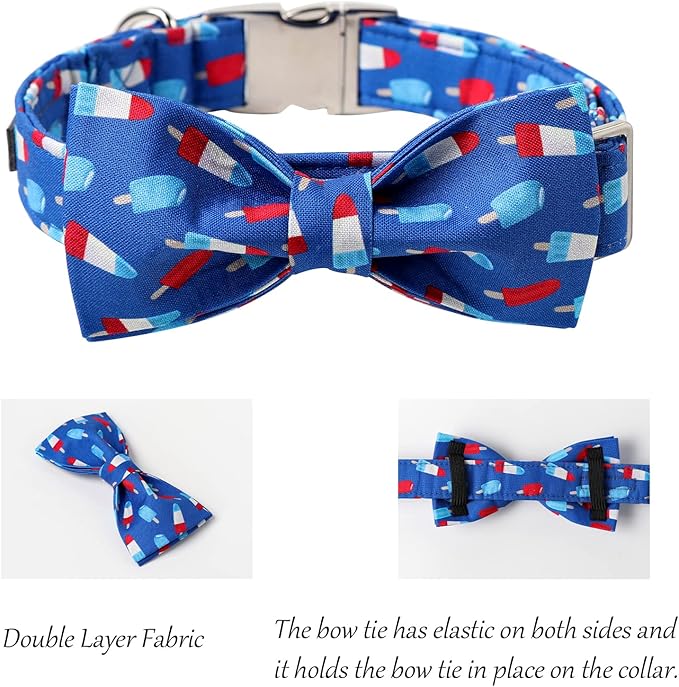 Lionet Paws Patriotic Dog Collar with Bowtie, 4th of July, Soft and Comfortable Adjustable Summer Popsicle Bowtie Collar for X-Large Dogs Male Female Gift, Neck 16-26 inches