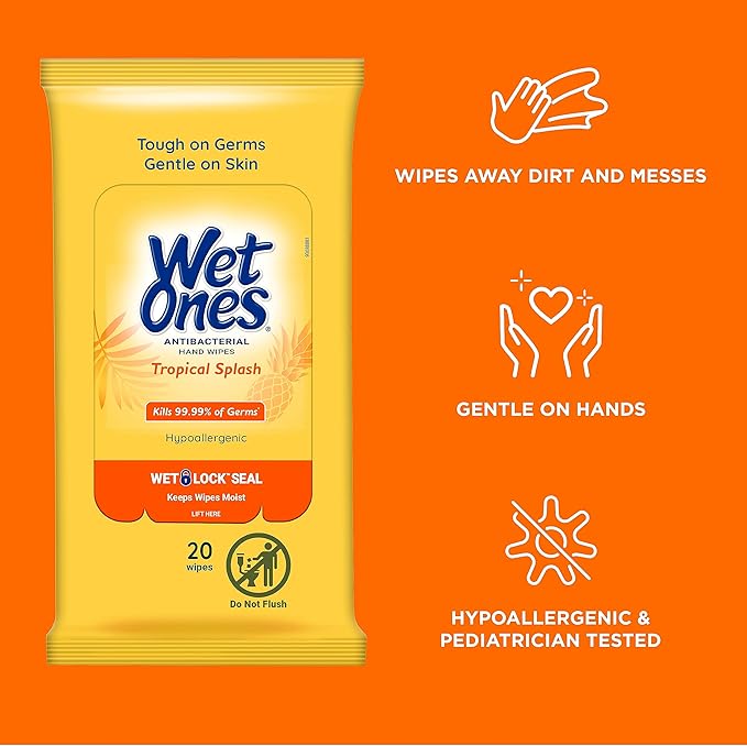 Wet Ones Mixed 13 Piece Bundle of Human & Pet Wet Wipes, Tropical Splash Scent| 10 Packs Antibacterial Wipes, 20 Ct Plus 3 Cannisters for Pets Multi-Purpose Dog Wipes, 50ct