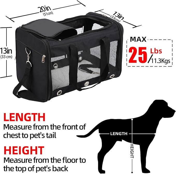 Soft Sided Cat/Dog Carrier,Collapsible Mesh Pets Travel Carriers for Pet/Puppy with Shoulder Strap & Removable Mat,Top Load Small Dogs/Cats Carry Bag Up to 25 Lbs(Black - L)