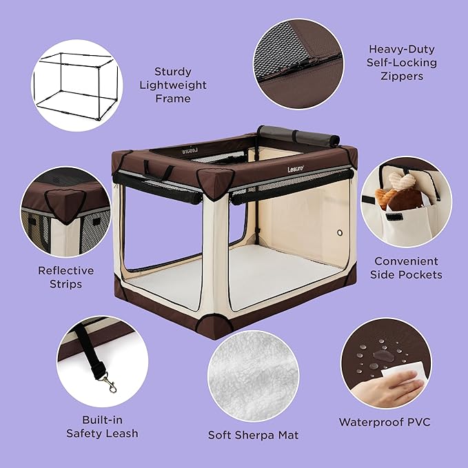 Lesure Soft Collapsible Dog Crate - 26 Inch Portable Travel Crate for Small Dogs Indoor & Outdoor, 4-Door Foldable Pet Kennel with Durable Mesh Windows, Brown
