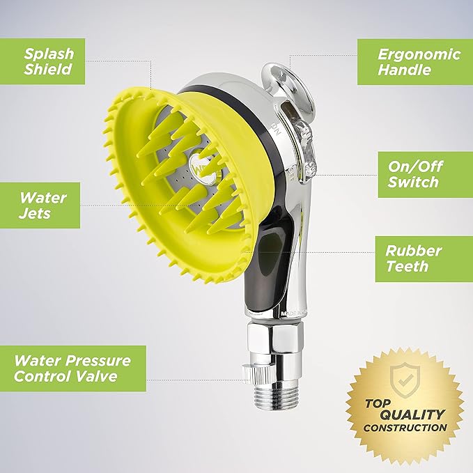 WD Handheld Shower Brush with On/Off Switch and Water Pressure Control | Shield Water While Brushing and Washing Simultaneously | Dog Washing Shower Attachment