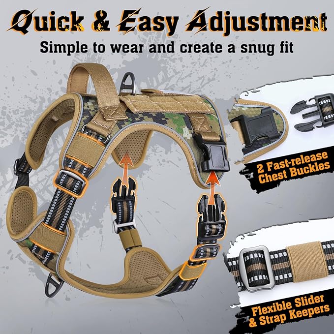 rabbitgoo Dog Harness Small Sized No Pull, Tactical Service Dog Vest with Molle and Control Handle, Adjustable and Reflective Military Pet Harness for Easy Walking and Training, Brown camo, S