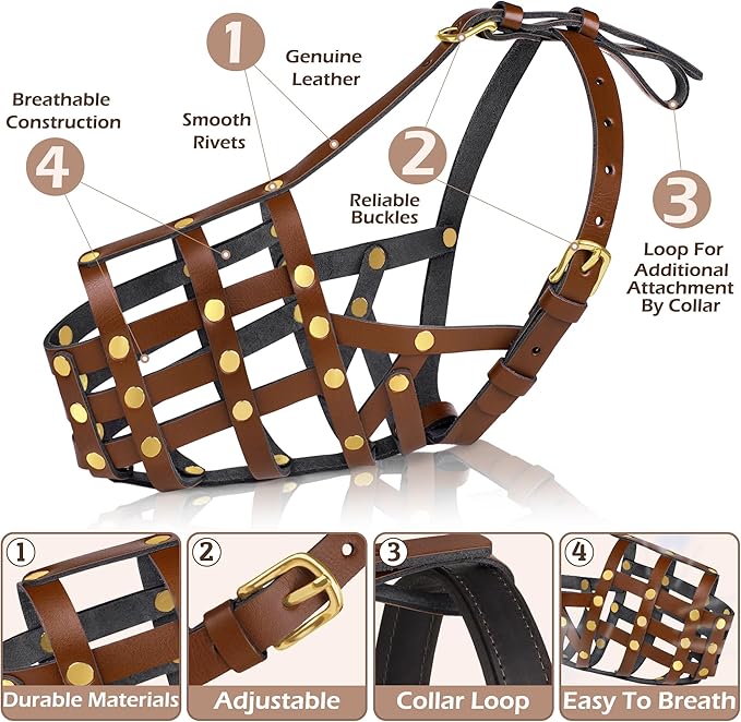 OOPSDOGGY German Shepherd Dog Muzzle for Large Dogs - Leather Breathable Secure Basket Muzzle for Large Breeds Prevents Biting No Chewing Adjustable (Brown, Size 7 - German Shepherd)