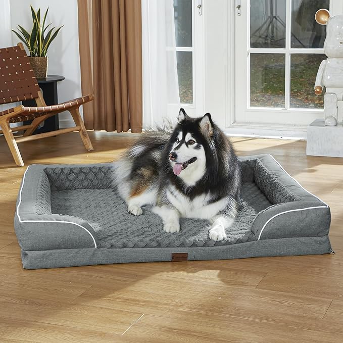 Memory Foam XXL Dog Bed with Bolsters, Cooling Dog Beds for Extra Large Dogs, Waterproof Orthopedic Dog Couch Bed with Removable Washable Cover and Nonskid Bottom(XX-Large,Grey)