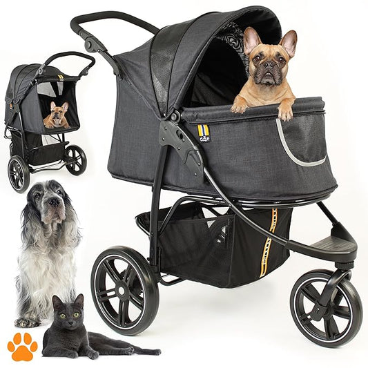 COOPER dog & pet robust buggy, jogger holds up to 32 kg / 70lbs, easy fold, multi-height adjustable soft touch handle, reflective accents, mesh inserts, zippered exits, storage basket below