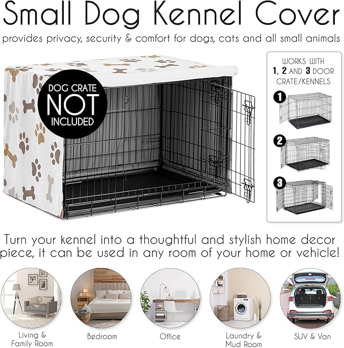 Sweet Jojo Designs 30in. Small/Medium Dog Crate Cover (Bones and Paw Prints) Pet Cage, Kennel Covers (Modern, Cartoon, Doggy, Puppy, Neutral, Paws Print, Whimsical, Brown, Tan, Grey, Taupe and White)