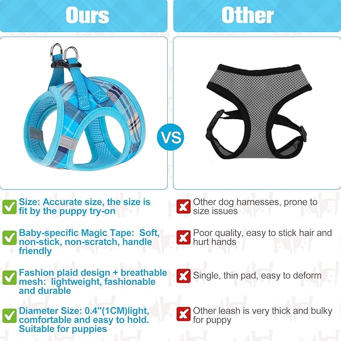 BEAUTYZOO Small Dog Harness and Leash Set,Step in No Chock No Pull Soft Mesh Dog Harnesses Reflective for Extra-Small/Small Medium Puppy Dogs and Cats, Plaid Dog Vest Harness for XS S Pets, Blue L
