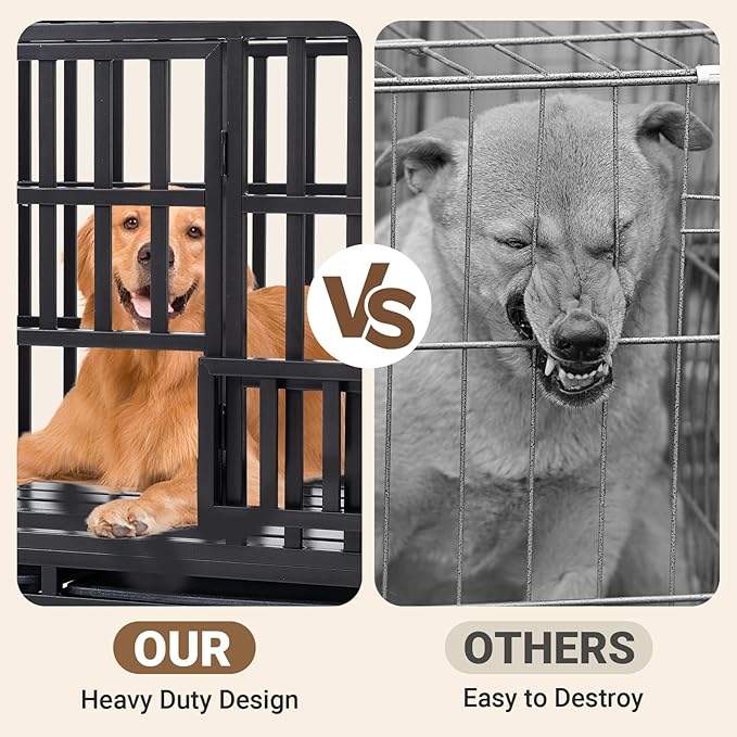 Heavy Duty Dog Crate, Escape Proof Dog Cage for Large Extra Large Dogs, 52 Inch, Dog Kennel Indoor with Lockable Wheels, Indestructible Dog Crates with Removable Trays, High Anxiety