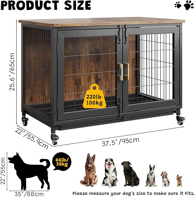 37.4 Inch Large Dog Crate Furniture, Heavy Duty Dog Kennel Furniture with Wheels, Grid Base, Removable Base, Decorative Dog Cage Crate Table, Indoor Dog House for Entryway, Living Room