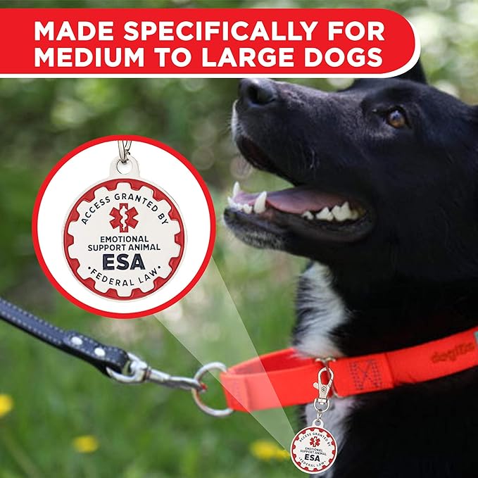 Industrial Puppy Emotional Support Dog Tag, 2 Pack: Metal Pet ID Tags for Emotional Support Dogs, ESA, and Therapy Dogs, 1.25 Inch Diameter, Double Sided, Navy Lettering and Red Enamel Trim