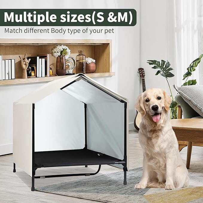 Indoor Outdoor Dog House Large Breed | Medium Large Dog House Outdoor Raised Elevated Dog Bed Cot with Canopy, Waterproof & Sunproof Outside Dog Shade Shelter Tent (39" x 30" x 34")